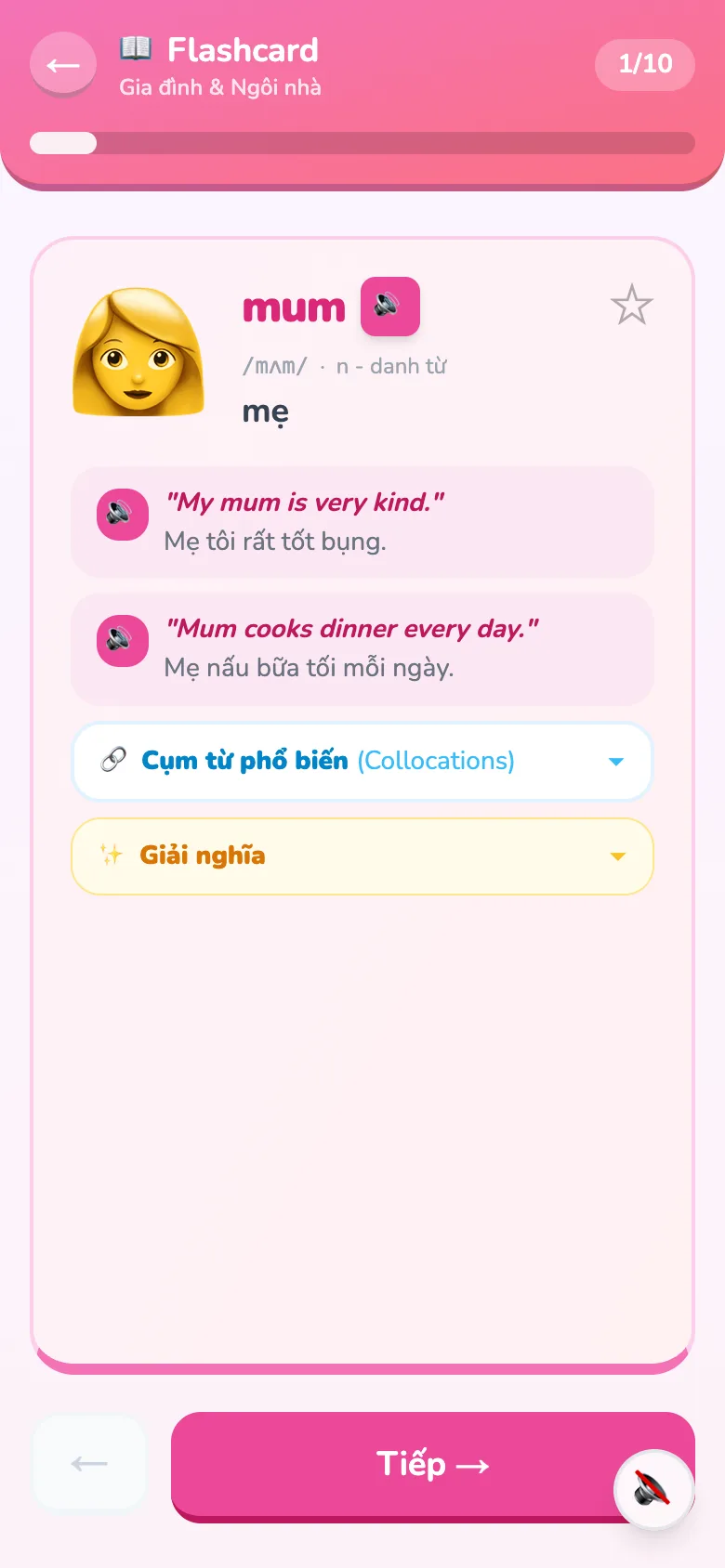 Flashcard: hình, phát âm, câu ví dụ