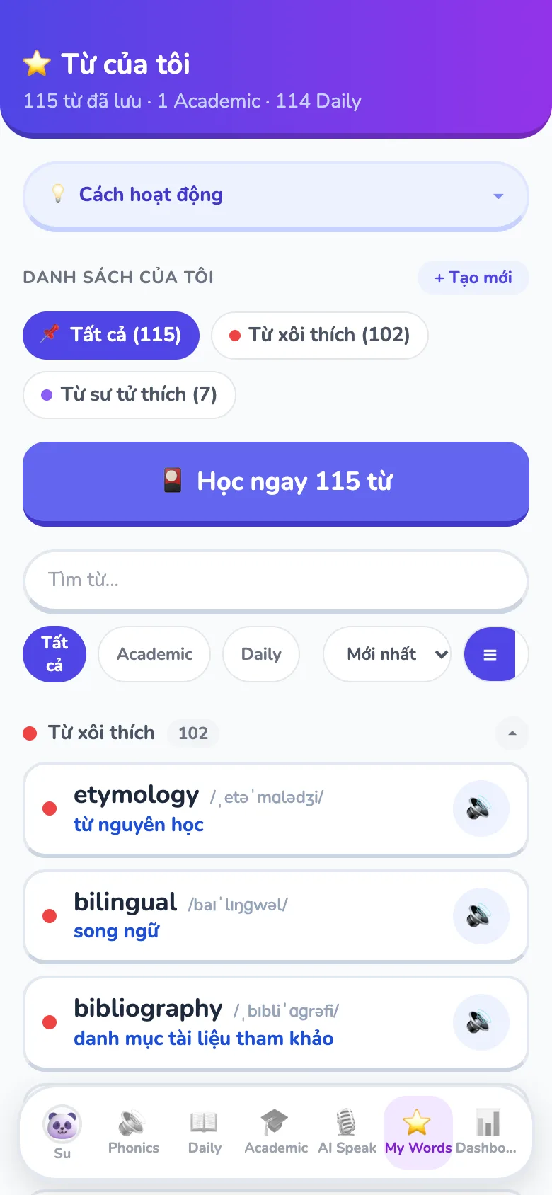 ⭐ Từ của tôi: lưu và ôn từ yêu thích