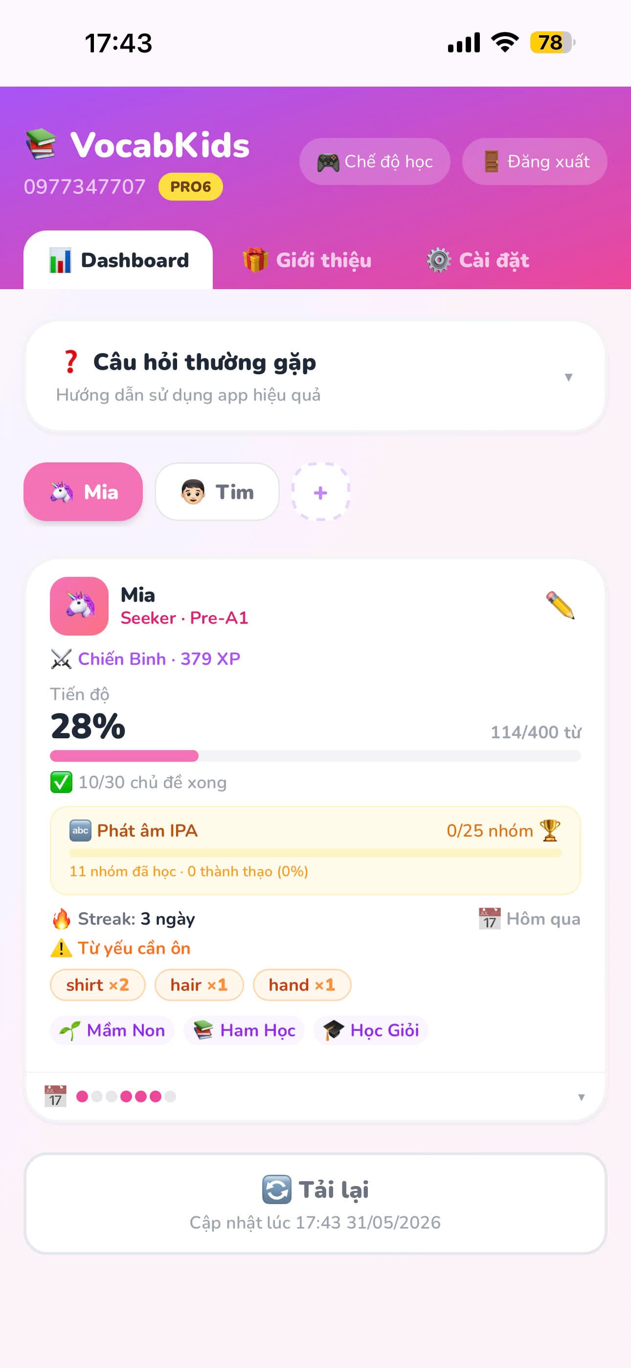 Ba/Mẹ theo dõi tiến độ mỗi ngày