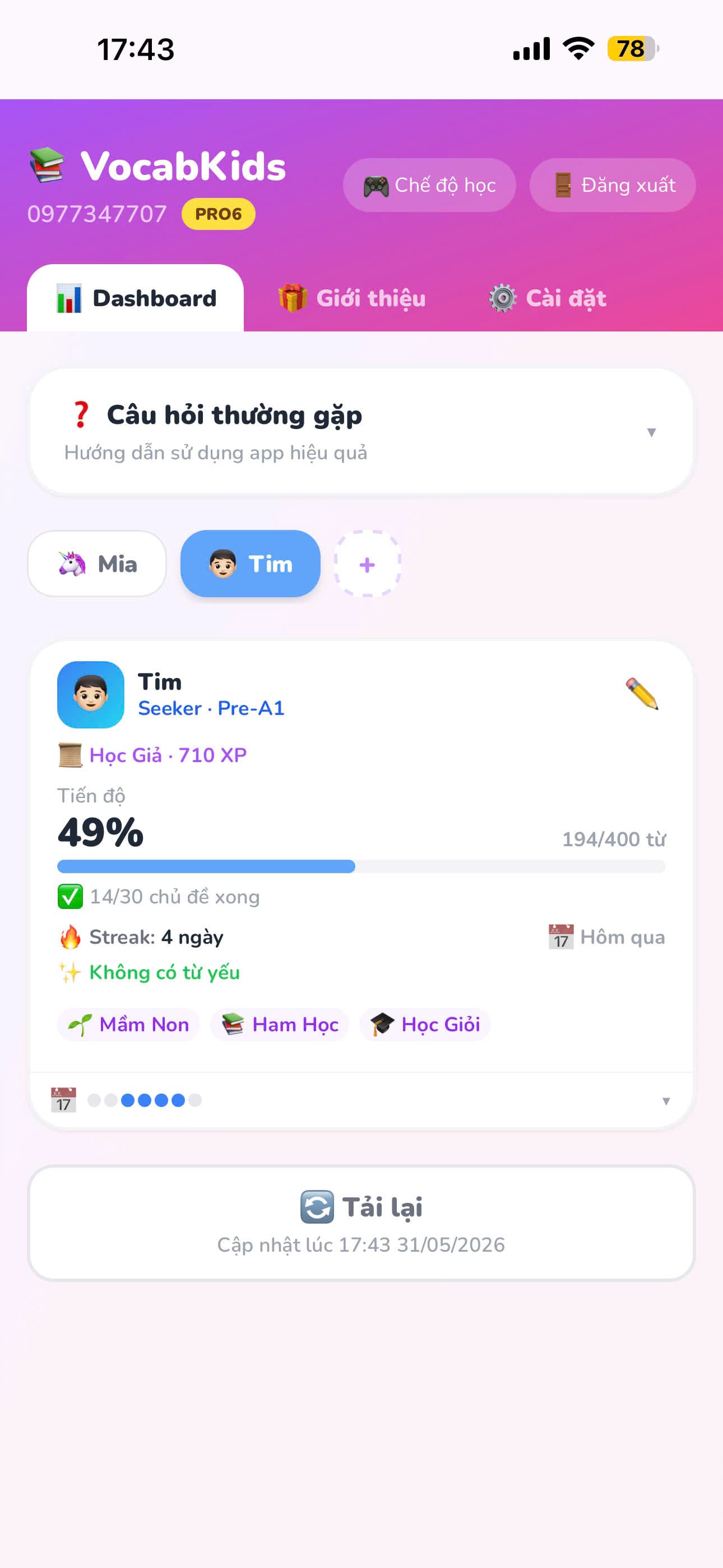 Streak · Badges · Từ yếu cần ôn