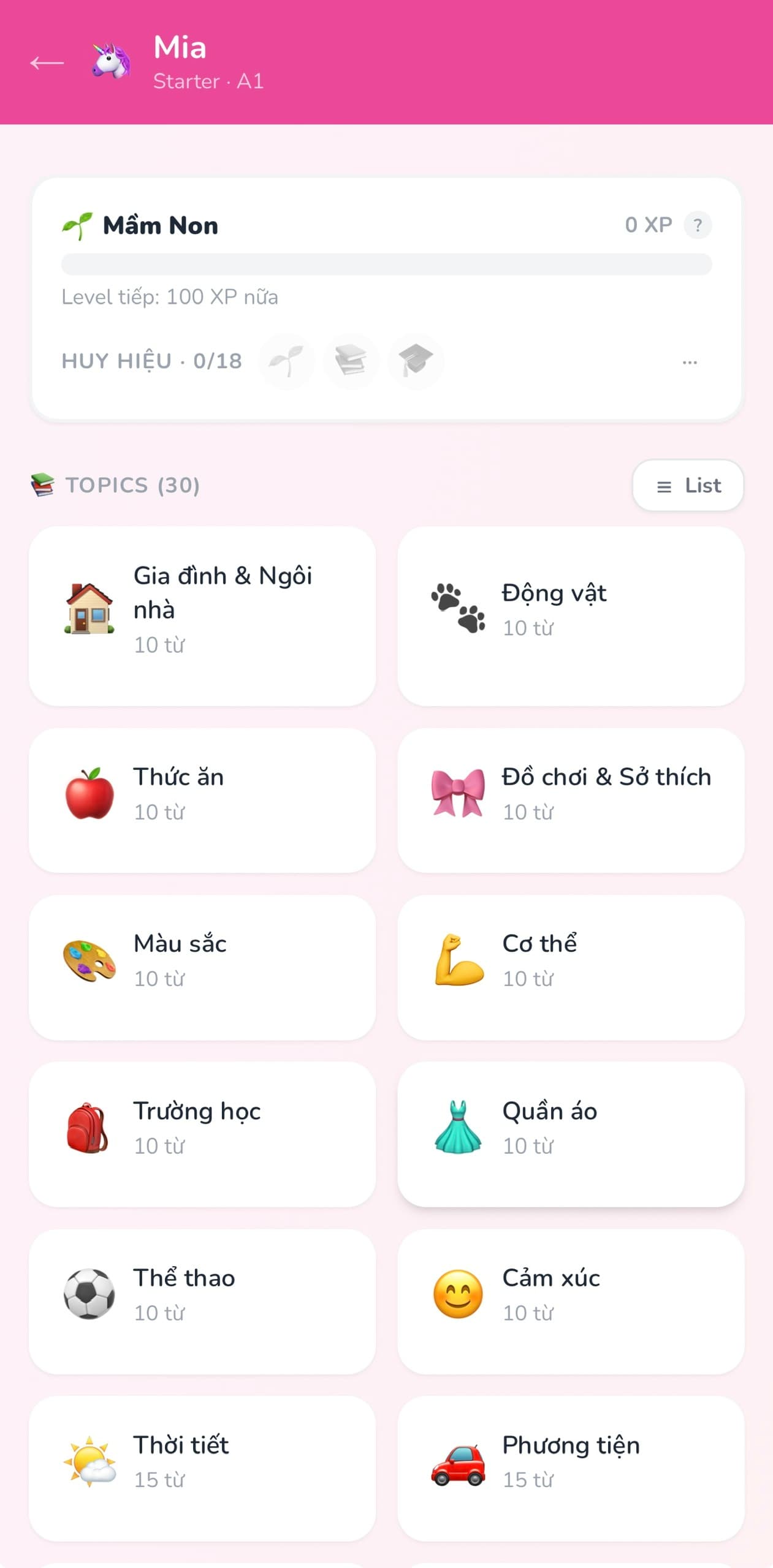 30 chủ đề/level · 2.400+ từ vựng
